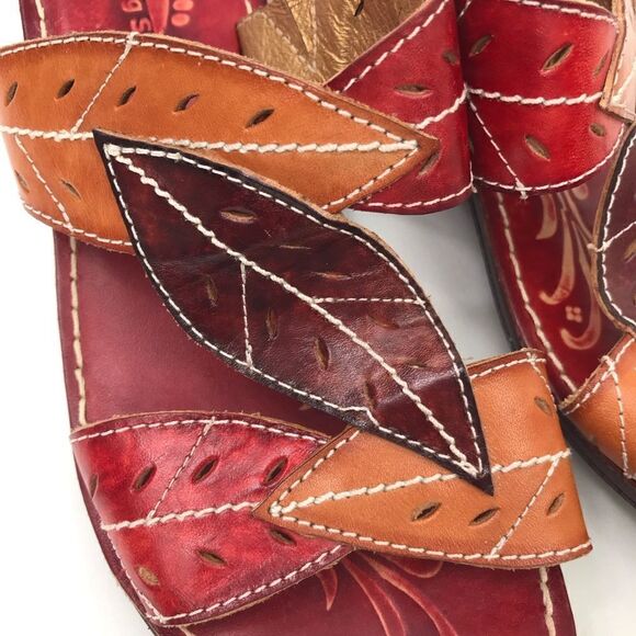 Spring Step AZALEA Red Brown Laser Cut Leaf Whimsical Wedge Heel Open Toe Sandal - Picture 8 of 15